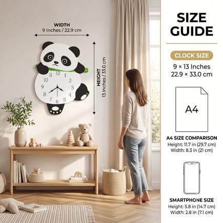 Image of Personalised with Your Name, Panda Design Pendulum Wall Clock for Kids Room, Decorative Analog Timepiece with Swinging Element, Cute Animal Theme Home Accent for Bedroom, Nursery, Playroom