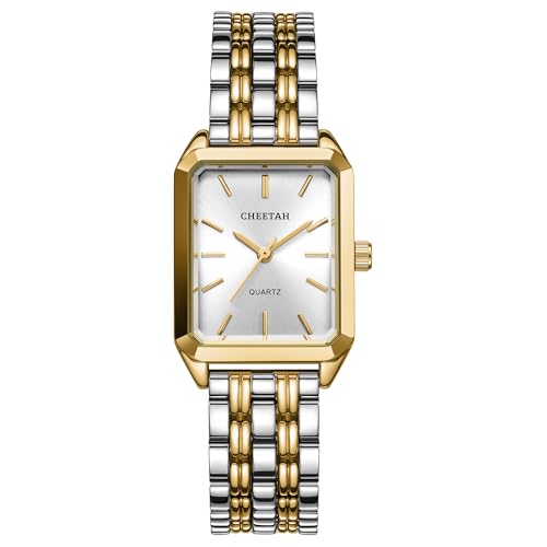 CHEETAH Womens Gold&Silver-Tone Dainty Watch Retro Style Rectangular Case and Stainless Steel Band Gift for Her