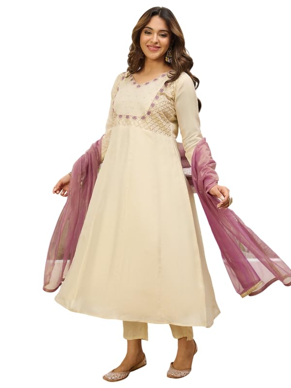 Women's Cosmos Butti Anarkali Kurta with Pant & Twill Net Dupatta Set | Embroidered 3 Piece Ethnic Set for Women-image-39