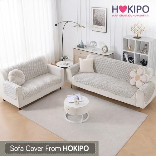 Image of HOKIPO Quilted Sofa Cover 5 Seater - (3+2) for Seat & Back | 'Quilt Classic' Light Grey (IN-927 * 2+926 * 2-LGRY)