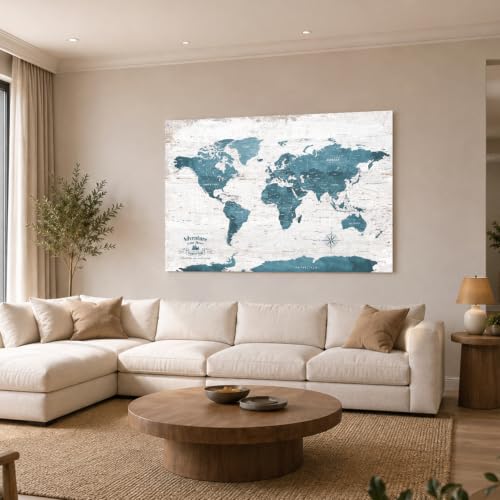Image of IPIC Vintage Teal World Maps for Wall, World Map Canvas, Size 42x28 in