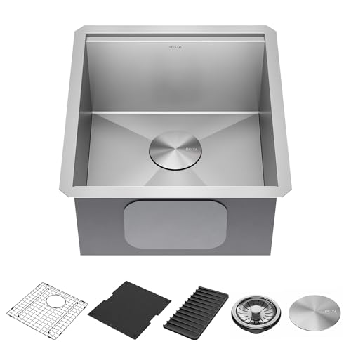 Delta Rivet 17-inch Workstation Bar Prep Kitchen Sink Undermount 16 Gauge Stainless Steel Single Bowl with WorkFlow Ledge and Kit of 5 Accessories, 95B9031-17S-SS by DELTA - Used condition - CA$266.12