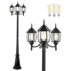 PARTPHONER Outdoor Lamp Post Light 3-Head, Classic Black with Clear Glass Panels, E26 Base Maximum 100W (3 LED Bulbs Included), Waterproof Street Light for Backyard, Garden, Driveway