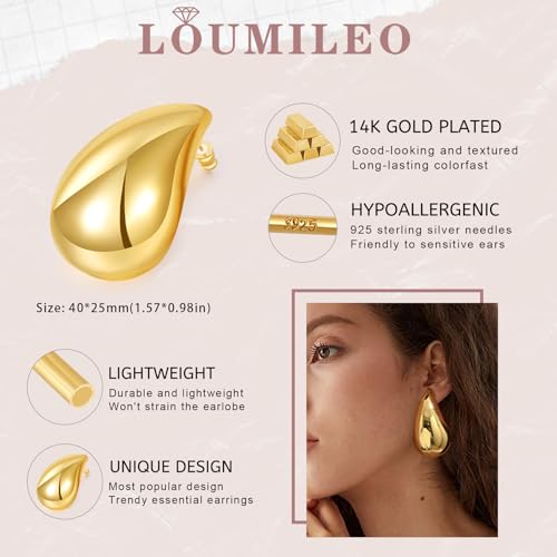 LOUMILEO Extra Large Drop Earring Dupes Hypoallergenic Chunky Gold Hoop Earrings Lightweight Waterdrop Teardrop Earrings Trendy Gold Waterdrop Earrings for Women4
