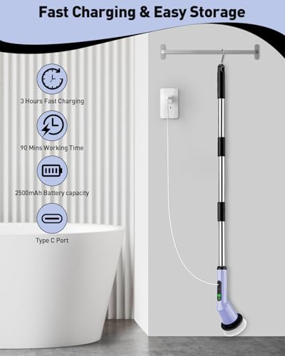Image of Electric Spin Scrubber, Waterproof Cordless Bathroom Shower Cleaner Brush | 8 Replaceable Brush Heads, 90Mins Runtime, 4 Adjustable Size, 2 Speeds for Shower Bathroom Bathtub Toilet Kitchen Glass Car