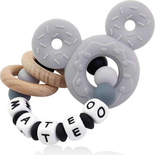 Personalized Baby Teether with Name - Custom Mouse Silicone Teether & Natural Wooden Ring for Boys & Girls - Handmade Unique Baby Shower Gift for Infants & Toddlers (Grey)