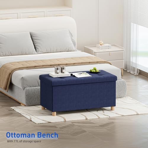 Image of BRIAN & DANY 30 Inches Folding Storage Ottoman Bench, Ottoman with Storage Bench for Bedroom, Living Room, Entryway, Foot Rest with Legs, Blue