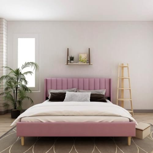 Image of Low Profile Upholstered Platform Bed with Winback Headboard | Bed King Size | Bed Without Storage | Upholstered Beds King Size | Mattress not Included | Pink