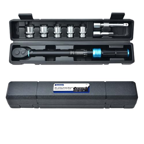 Zoomtools Set di 8 chiavi dinamometriche regolabili da 1/2, 20-220 Nm, precisione errore ±3%, con serratura e 72 denti, estensioni da 7,6 cm e 12,7 cm, prese da 17-19-21-22-24 mm per auto, moto