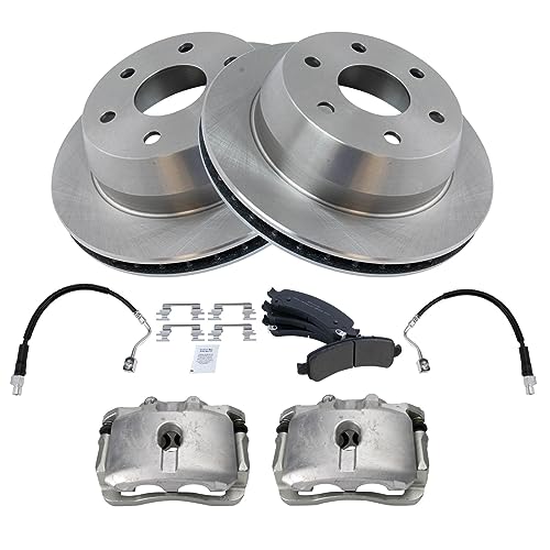Image of TRQ Rear Brake Pad, Caliper, Hose, & Rotor Kit Semi-Metallic Compatible with 2003-2009 Chevrolet Express 1500 2003-2013 GMC Savana 1500