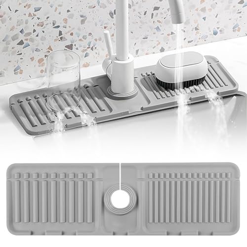 VINEGO Faucet Mat for Kitchen Sink - 2024 Premium Upgrade: Enhanced Silicone Splash Guard with Rapid Drying & Dish Soap Sponge Holder, Perfect for Stone Sinks in Kitchen & Bathroom (Gray, 1 PCS)
