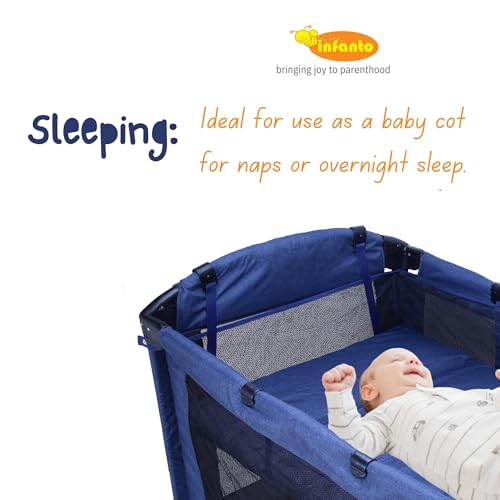 Image of Infanto Portable Baby Playpen Cum Cot with Travel Bag | Easy Fold Compact Design | 2 in 1 Functionality Crib | Double Layer Pad | Breathable Mesh Baby Bedside Crib with Playpen for Babies | Blue