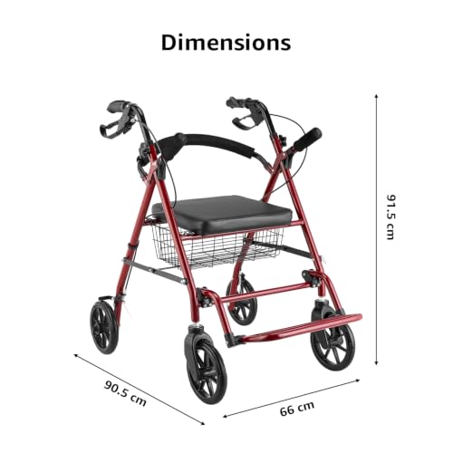 Image of Amazon Basics Adjustable Rollator Walker | Foldable Walking Aid with Seat & Backrest | Height-Adjustable Steel Frame with Large Wheels | Indoor & Outdoor Use