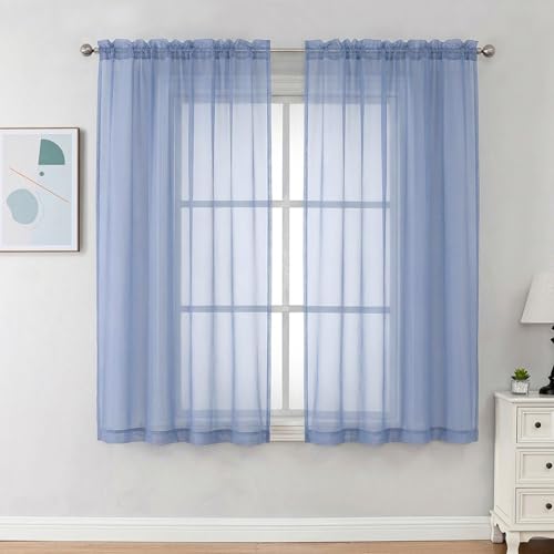Image of Chyhomenyc Sheer Curtains 63 Inch Length 2 Panels Set - Light Filtering Rod Pocket Window Curtain Treatment Drapes for Bedroom Living Room, 42Wx63L Inch, Denim Blue