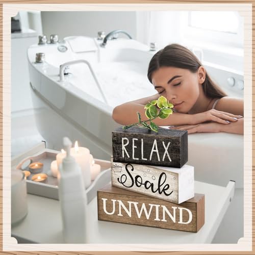 Image of Moucuny 4 Pcs Bathroom Shelf Decor Sign Farmhouse Bathroom Decor and Accessories Rustic Eucalyptus Leaves Wood Block Sign Gift Relax Soak Unwind Farmhouse Table Centerpiece for Home Toilet