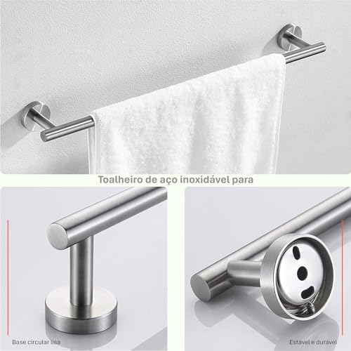Conjunto Kit 5 Acessorios de Banheiro Algarve de Inox Porta Toalha Corpo Rosto Papel Higienico Paraf