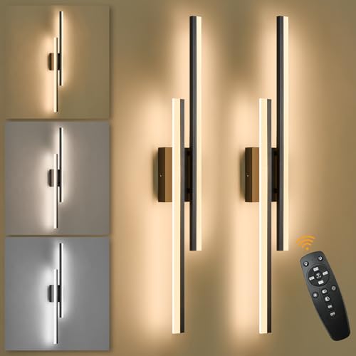 Image of LED Wall Sconce Set of 2 Black Remote Modern LED Vanity Lights Set of 2 Indoor Wall Light Fixtures for Living Room, Dimmable Wall Sconce for Bedside Bedroom Bathroom, L31.5inch 2 Pack