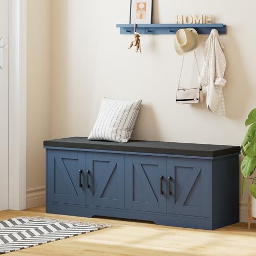 Image of HOMSHO Farmhouse Shoe Storage Bench with 4 Barn Doors & Padded Seat Cushion | 47.2 inch Wide Entryway Bench with Adjustable Shelves & Hidden Storage, Blue