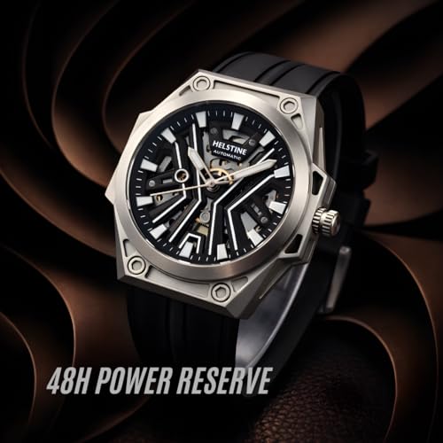 Image of Men's Automatic Mechanical Skeleton Watch, 48-Hour Power Reserve, Stainless Steel Case 47mm, Black Dial, Hardlex Glass, Luminous Hands, 5ATM Water Resistant, Silicone Strap