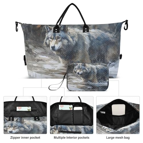 Duffel Bag Set for Travel Gym Sport, Weekender Bag Carry on Overnight Bag for Women Men-River Wolf Print2