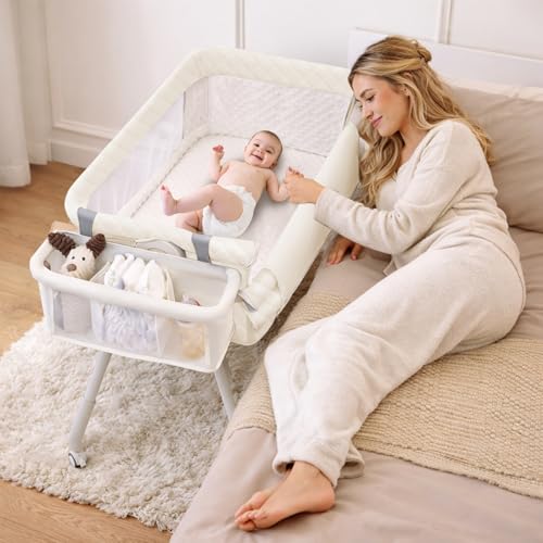UBBTWJ Baby Bassinet Bedside Crib for Newborn 4-in-1 Baby Bassinet Bedside Sleeper with Mesh & Mattress Easy Move Crib for Newborns with Lockable Wheels & Storage Basket 4-Adjustable Height(Beige)