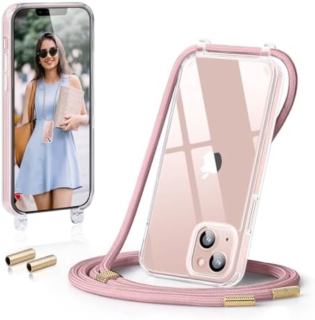 GOODVISH Handykette für iPhone 13 Hülle mit Band Transparent, Rosé Gold | Kameraschutz und Bildschirmschutz, Necklace Handyhülle mit Schnur Schutzhülle für zum Umhängen Case 13 mit