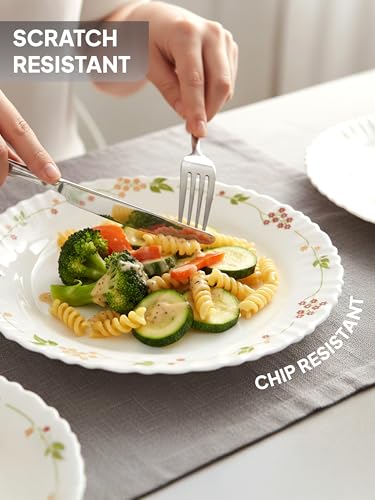 Image of CELLO Secret Garden Dazzle Series Opalware Dinner Set of 5 Pieces for Family of 2 | Bone-Ash Free & Leadfree Opal Glass, Microwave & Dishwasher Safe, Plates & Bowls Crockery Set for Dining & Gifting