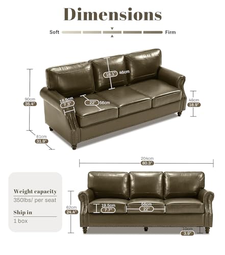 Image of Kingfun Mid-Century Modern Couch, Faux Leather Sofa, 3 Seater Couch for Living Room with Rolled arms & Nailhead Trim, Olive Green