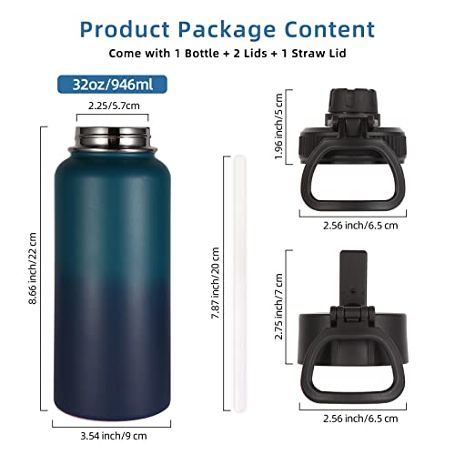 Image of Volhoply 32 oz Water Bottles Bulk 2 Pack with Straw Lid & Spout Lid,Insulated Sports Water Bottle,Double Wall Vacuum Stainless Steel Cups,Leakproof Wide Mouth Metal Flask for Travel(Dark Night,2)