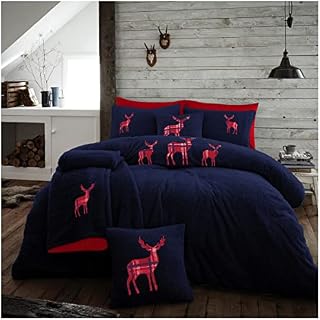 GC GAVENO CAVAILIA Teddy Emb Stag Duvet Cover Quilt Set, Snuggle Warm Reversible Fleece Bedding, Double, Navy/Red