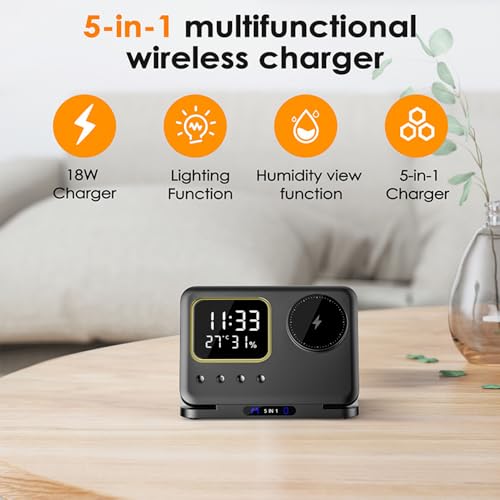 Image of AYI 5in1 Multi Functional Wireless Charging Station with Digital Clock 15W Fast Charge Night Light Temperature Humidity Monitor Wireless Charger for All Qi Phone TWS Headphone and Apple Watch-Black