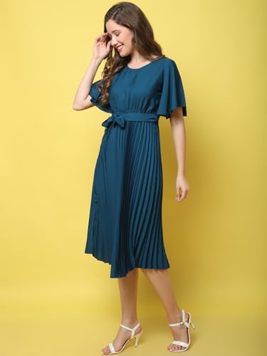 Image of Fabflee Women's Polyester A-Line Standard Length Dress (FB-P1-Pleated-206 L Turquoise L)