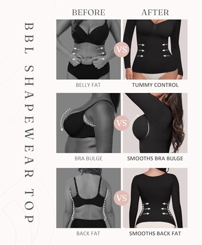 FeelinGirl Womens Shapewear Tummy Control Tops: Long Sleeve Shirts for Women Slimming Body Shaper V Neck Compression Shirt4