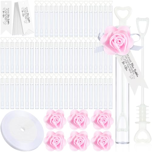 Image of PullCrease 200 Set Valentine's Day Wedding Bubble Wands Bulk Set Include Mini Heart Bubble Wand with Refill Flower Ribbon and Tags for Wedding Send Off Guests Anniversaries Party Favor(Pink)