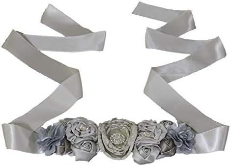 Maternity Flower Sash Floral Pregnancy Belly Wedding Dress Accessories Sash Flower Belt Baby Girl Sash for Baby Shower and Maternity Photo Sash (Silver)