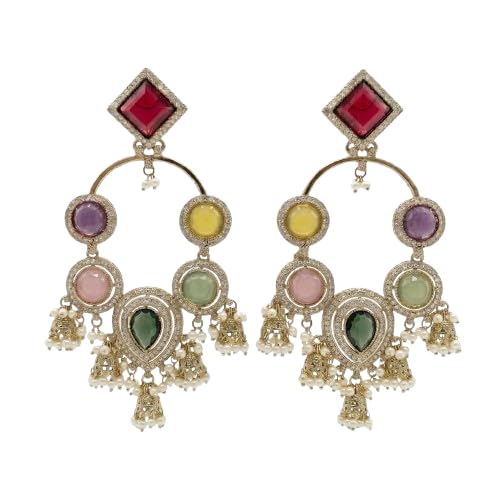 Ira Mehfil Multi Stone Earrings | Ethnic Gold Plated American Diamond Drop Earrings for Women | Traditional Designer Jewelry for Weddings and Wear Occasions-picture-11