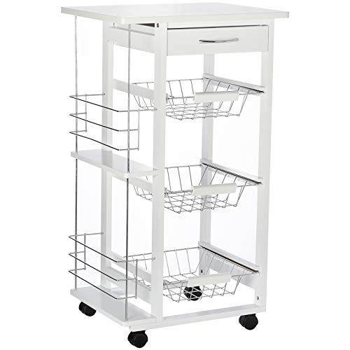 HOMCOM Chariot de Service desserte de Cuisine à roulettes Multi-rangements 3 paniers métal tiroir + 2 Range-Bouteilles Bois pin Blanc