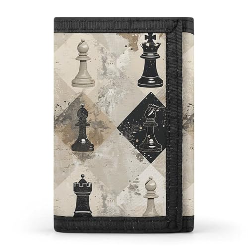 Chess Piece Brown Pattern Trifold Wallet for Men - Slim 8 Card Slots, Zipper Coin Purse Money Clip, Cash Compartment