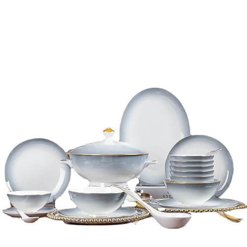 Durecoform Juego de vajilla para 6 personas, 62 piezas de porcelana de hueso con esmalte reactivo, borde dorado representado a mano, resistente a los arañazos, apto para microondas y lavavajillas