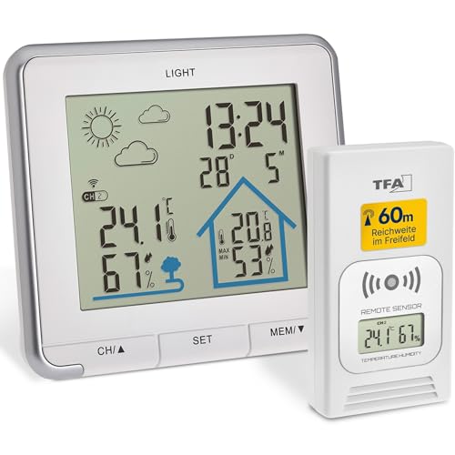 TFA Dostmann Wetterstation Funk Life, digitale Funkwetterstation innen und außen, 35.1153, mit Luftfeuchtigkeit, Temperatur messen, inkl Hintergrundbeleuchtung, Wettersymbole, Quadratisch, weiß