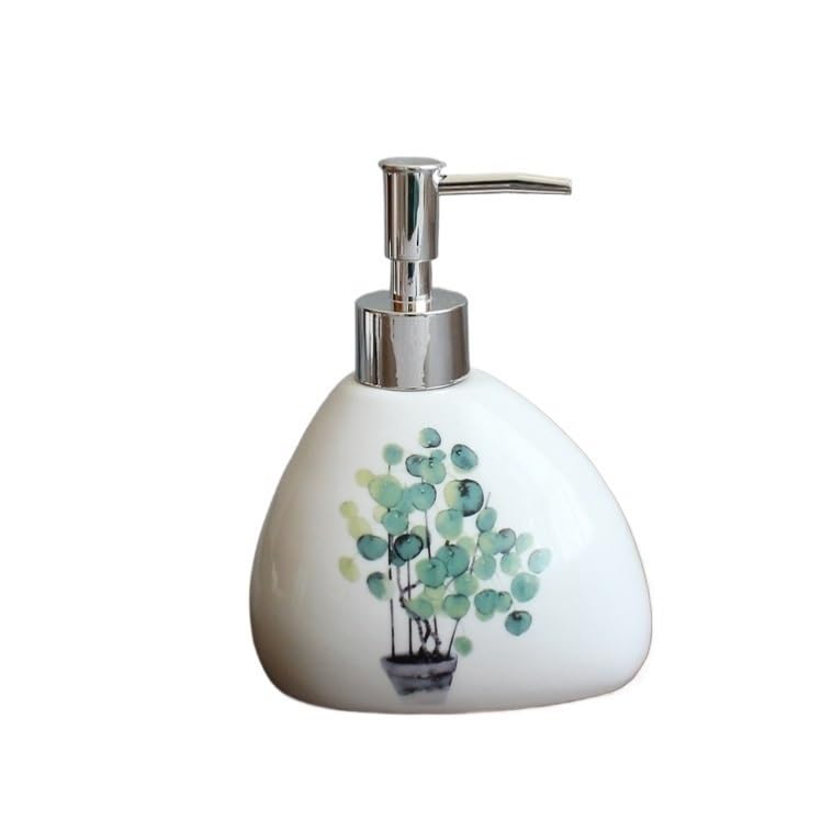 Ensemble 5 Accessoires Salle De Bain Vert Plantes – Distributeur Savon, Porte-Brosse, Gobelet, Porte-Savon, Style Minimaliste Tendance