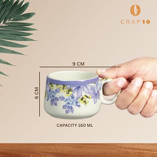 Image of CRAF10 Handcrafted Ceramic Blue Lilac Floral Print Teapot Cup Set - 1 Kettle (1 Litre) & 6 Cups (160 ML), Microwave & Dishwasher Safe | Morning Set | Tea Sets with Kettle