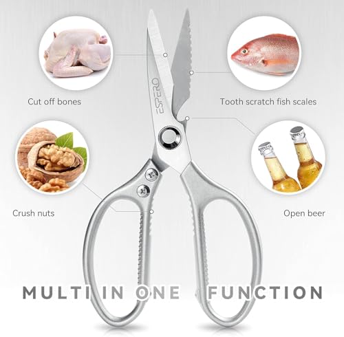Image of ESPERO Multi Purpose Made In Japan Kitchen Scissors, food scissors,Premium Stainless Steel Solid Kitchen Shears for Meat, Seafood, Chicken, Vegetables, Herbs, BBQ, Bottle Opener (Silver)