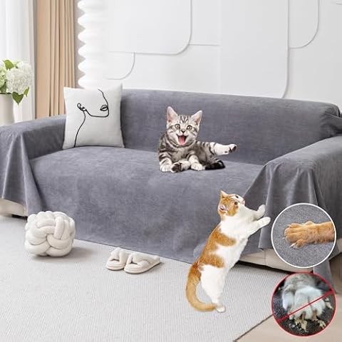 Loiion Cat Scratch Furniture Protector - Anti-Slip, Waterproof Sofa Cover to Keep Cats Off, Pet-Friendly Couch Protectors for 3 Cushion Couch, Gray Anti-Scratch Couch Cover for Pets and Kids 118"X71" Cover