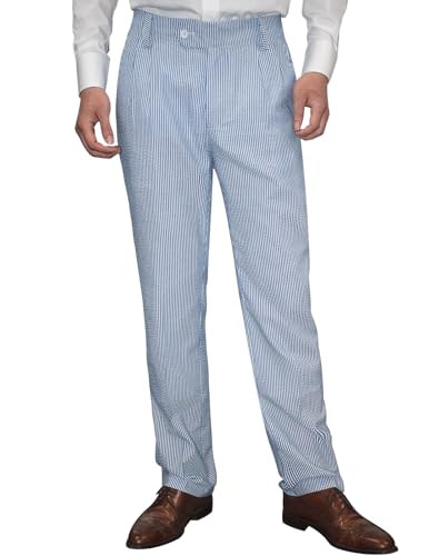 Men Seersucker Pinstripe Pants Mid Waist Ankle Length Pleated Front Lightweight