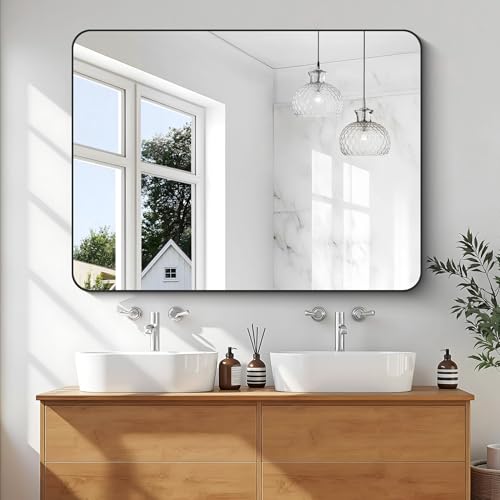 Image of KOCUUY Bathroom Mirror, 36 inchx48 inch Black Rectangle Vanity Mirror, Black Metal Frame Mirror with Rounded Corner for Bathroom, Bedroom, Living Room, Entryway