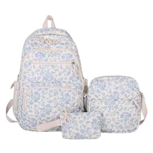 LAIQIAN Flower Backpack 3pcs Quilted Backpack for Women Cute Floral Rucksack Fashion Travel Daypack (BLUE)
