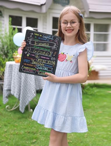 IMEKIS Toddler Kids Girls Back to School Dress Ruffle Sleeve Plaid Embroidered Kindergarten Outfit 3-8T4