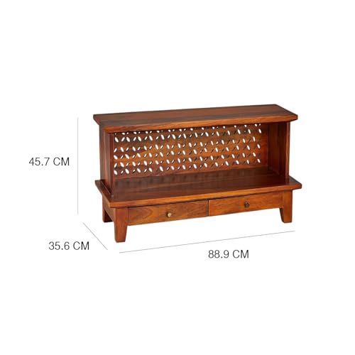 Image of Sheesham Wood Temple for Home | Pooja Mandir for Puja Room with 2 Drawer Storage & Shelf | Pooja Mandap Wood Religious Home Temple Honey Finish