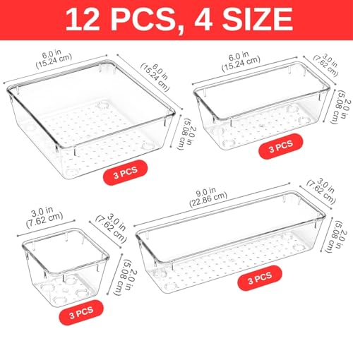 Image of Aliensware 12Pcs Transparent Drawer Organizer, Versatile Bathroom and Vanity Organiser,Storage Bins for Makeup Cosmetics,Jewellery,Kitchen,Bathroom,Bedroom,Office,Gadget